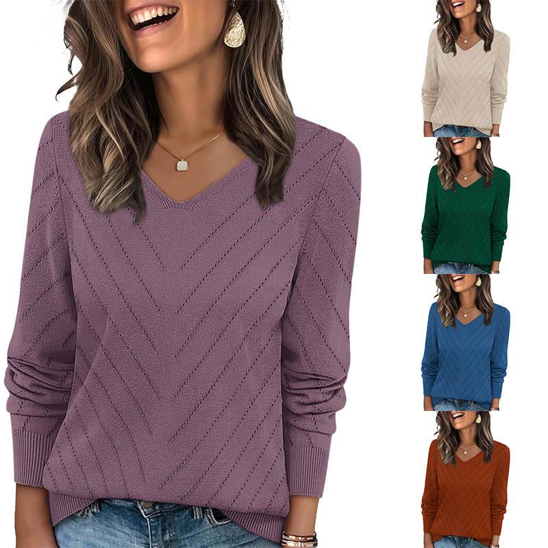 Jesień 2025 Sweter damski z dekoltem w serek, ażurowy w kształcie kwiatów, z długim rękawem, luźny, w jednolitym kolorze, casualowy, dzianinowy