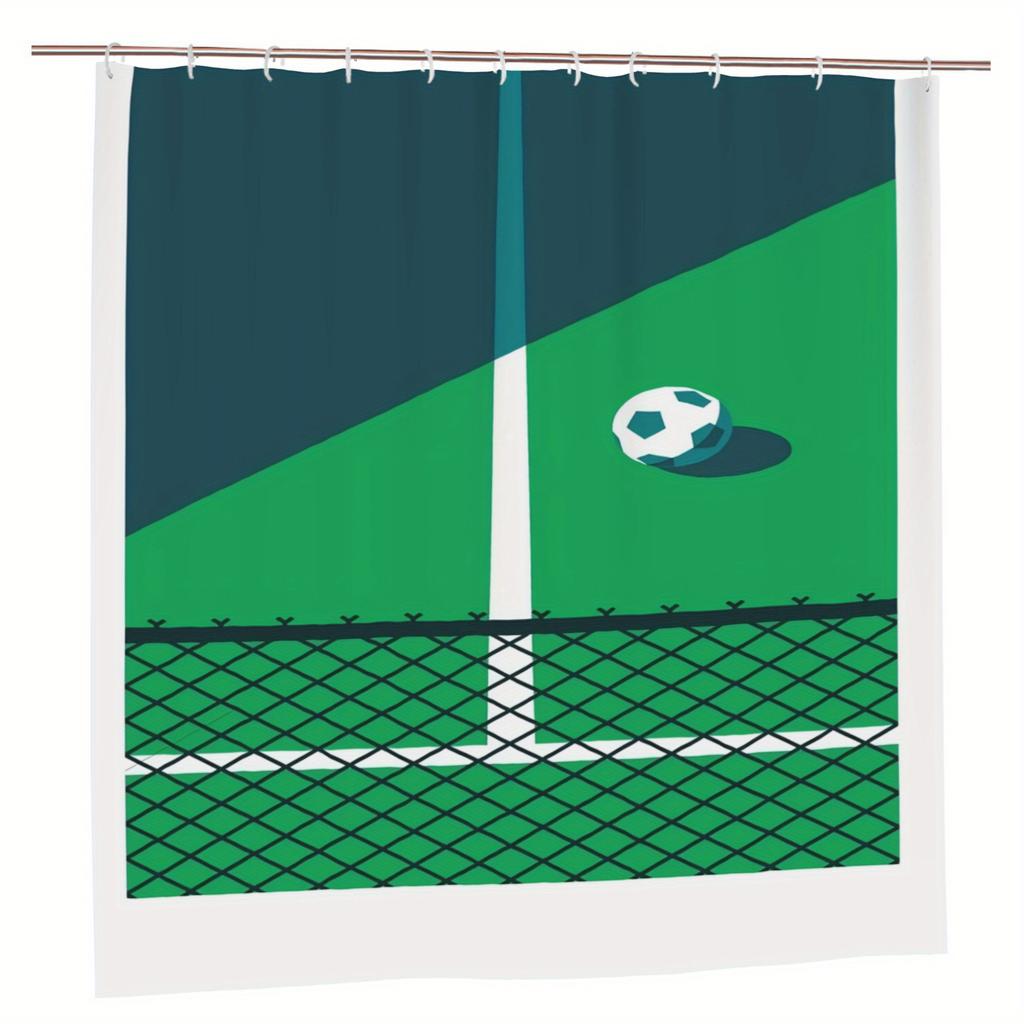 Soccer-Themed Shower Curtain, Green & Blue Football Graphic, Polyester Material, Machine Washable Bathroomsoccer Fan Gift