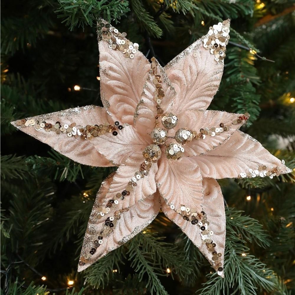 Large Artificial Poinsettia Flower Glitter Sparkling Christmas Glitter Flower Sequins DIY Christmas Flower Wedding Decoration