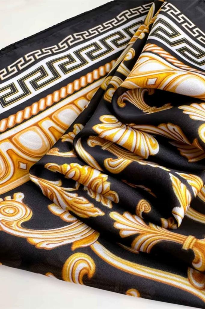 Satin Women' Scarf 70x70 - Black with a Baroque Gold Pattern, Glamorous Style