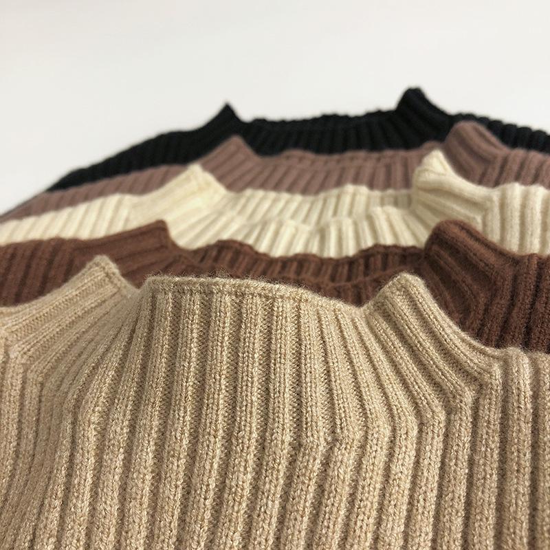 Unisex Earth Tones Ribbed Semi-High Neck Stretch Sweater for Kids – Slim Fit Korean Style Knit T-Shirt