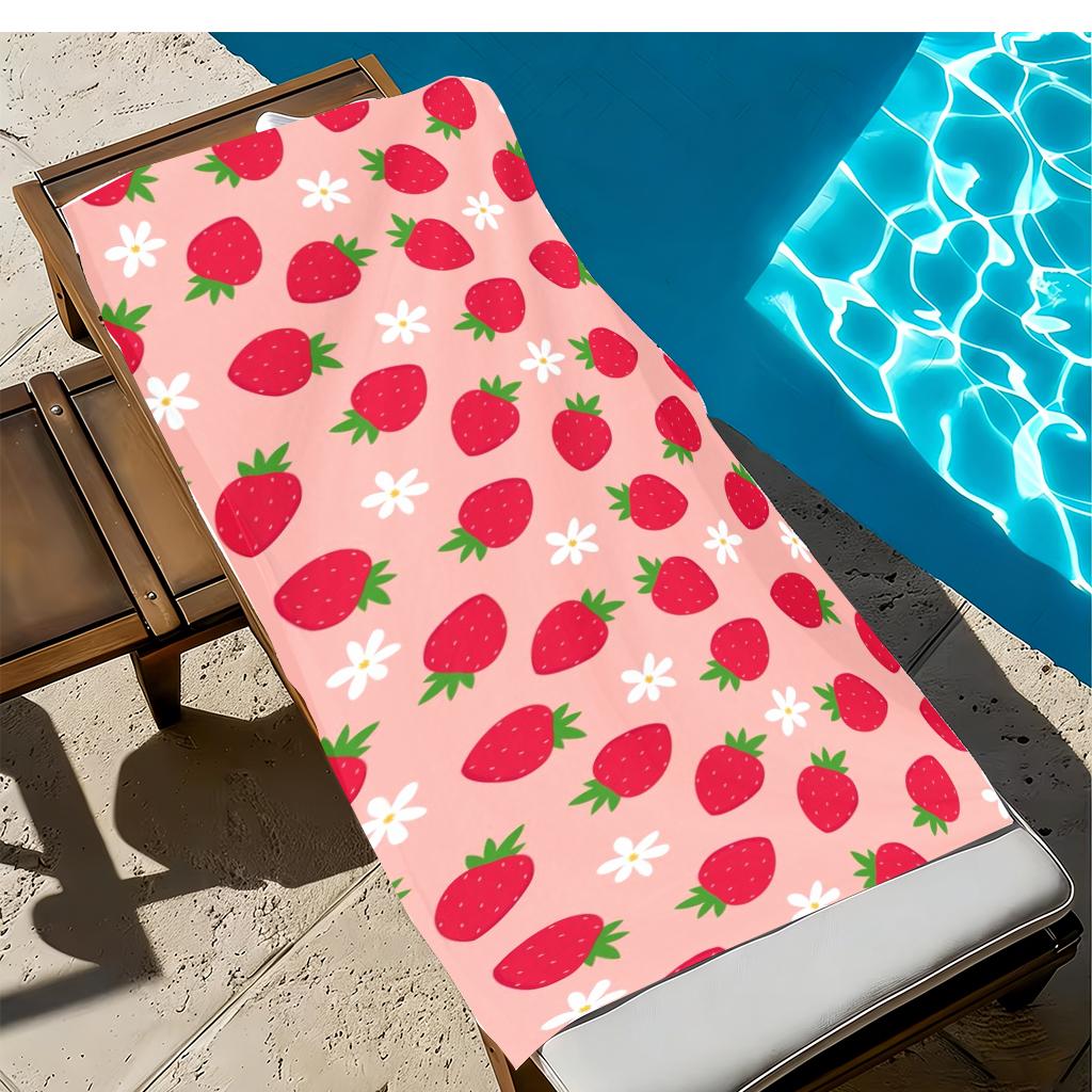 Cute Strawberry Print Beach Towel, Soft Absorbent Microfiber Quick Dry Bath Towel, Oversized Sand-Free Towel for Summer Beach