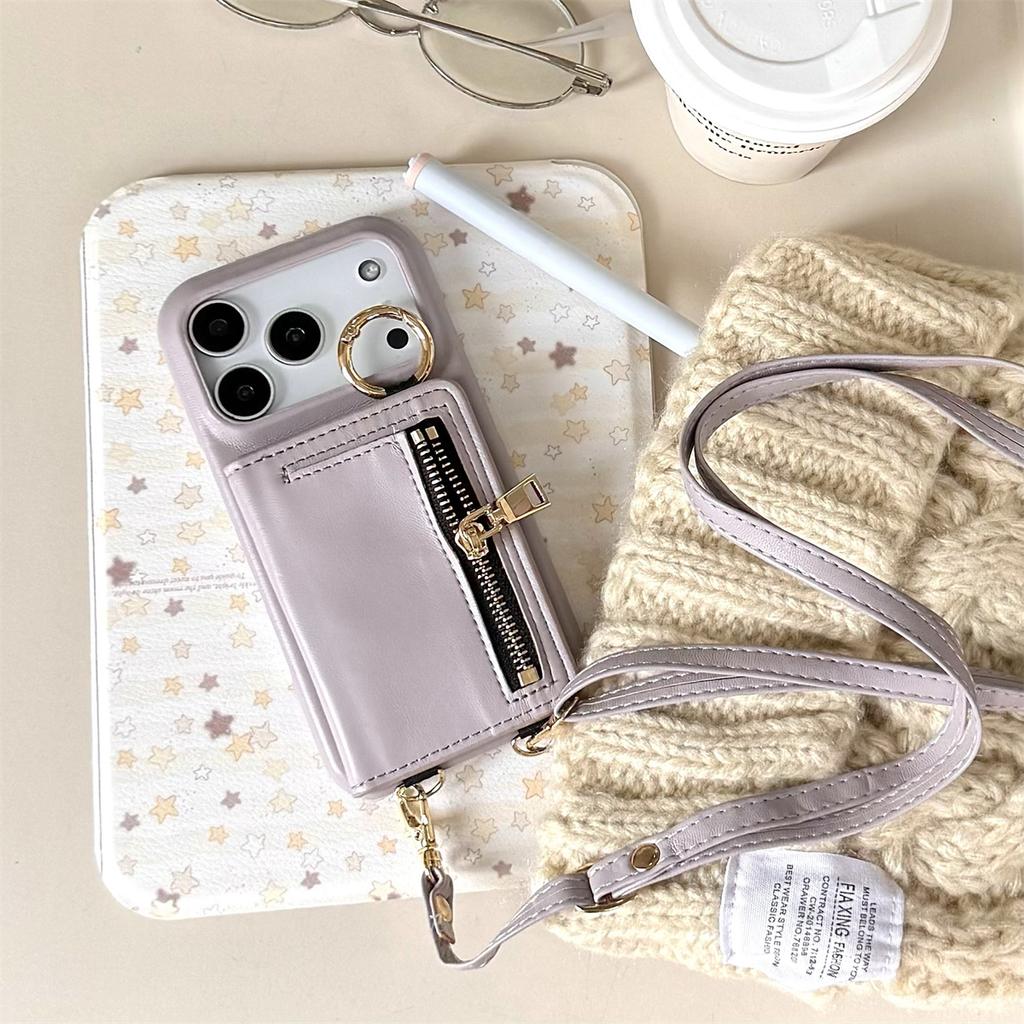 Crossbody Cards Solt Wallet Strap Leather Zipper Phone Case for IPhone Air 17 16 Pro Max 15 Plus 14 13 12 11 Ring Holder Cover