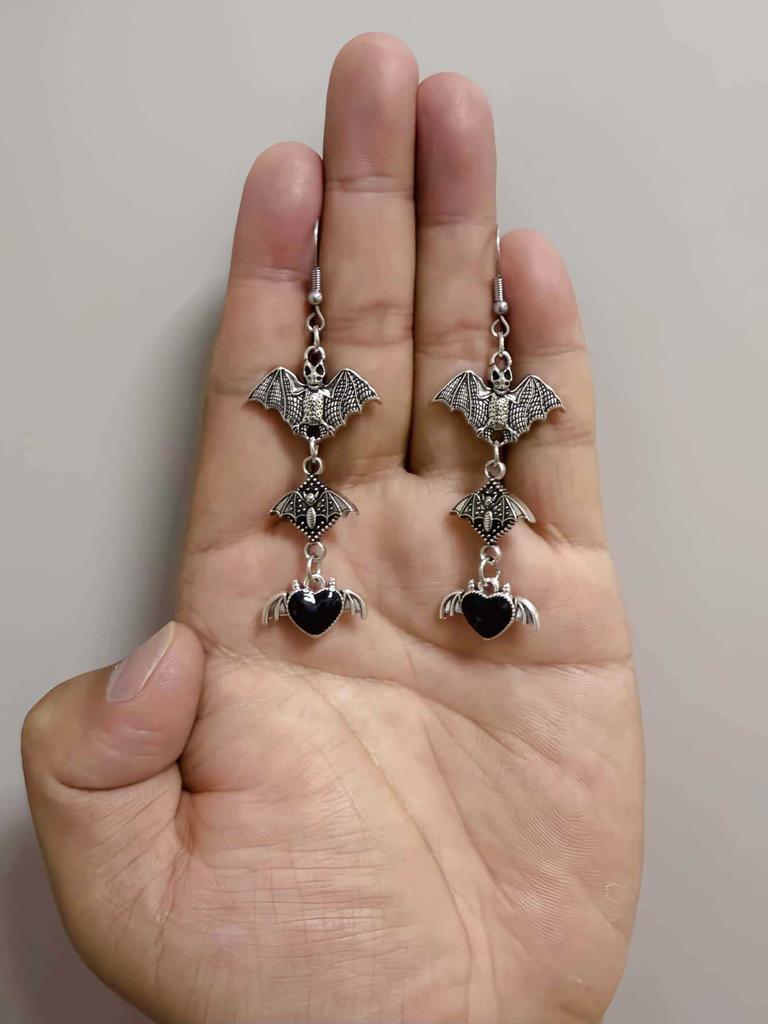 Gothic Bat Earrings, Punk Style, Red & Black Heart Dangle Earrings, Unique Statement Earrings