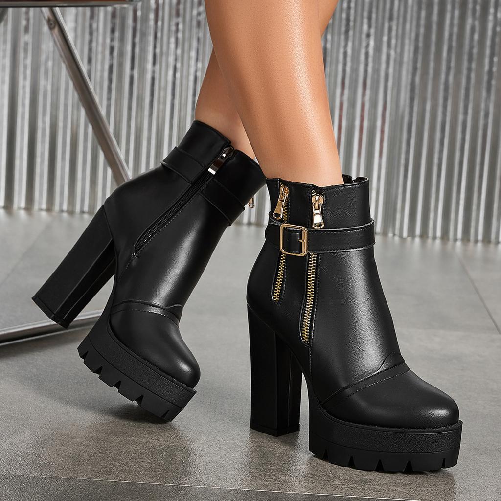 Autumn and winter supply fashionable thick-soled high-heeled large-size side zipper low-tube Martin boots for women