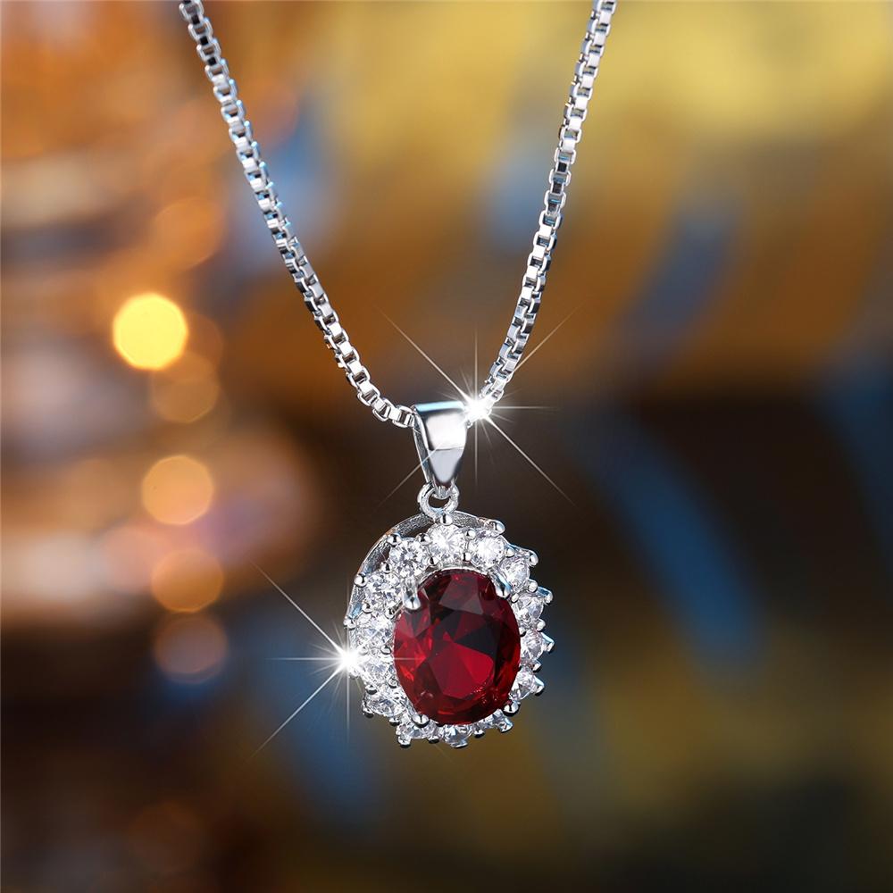 

Female Crystal Red Blue Zircon Oval Stone Pendant Necklace Vintage Silver Color Wedding Jewelry For Women