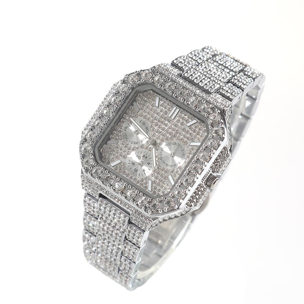 THE BLING KING Iced Out Green Emerald Crystal Square Men Quartz Watch Black Plated Multi Dial Calendar Week Luxury Wristwatch