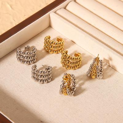 Gold Color Beaded Stainless Steel Cuff Earrings For Women Gold Color Cuff Stud
