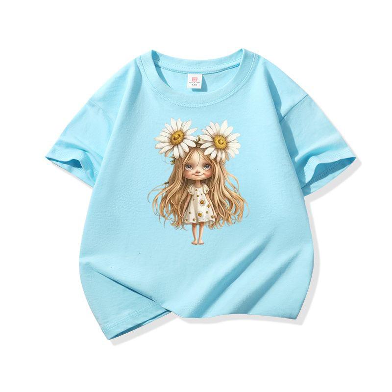 Kids Cotton T Shirt White Daisy Girl Print Crew Neck Short Sleeve Tee Casual Breathable Boys Girls Summer Tops