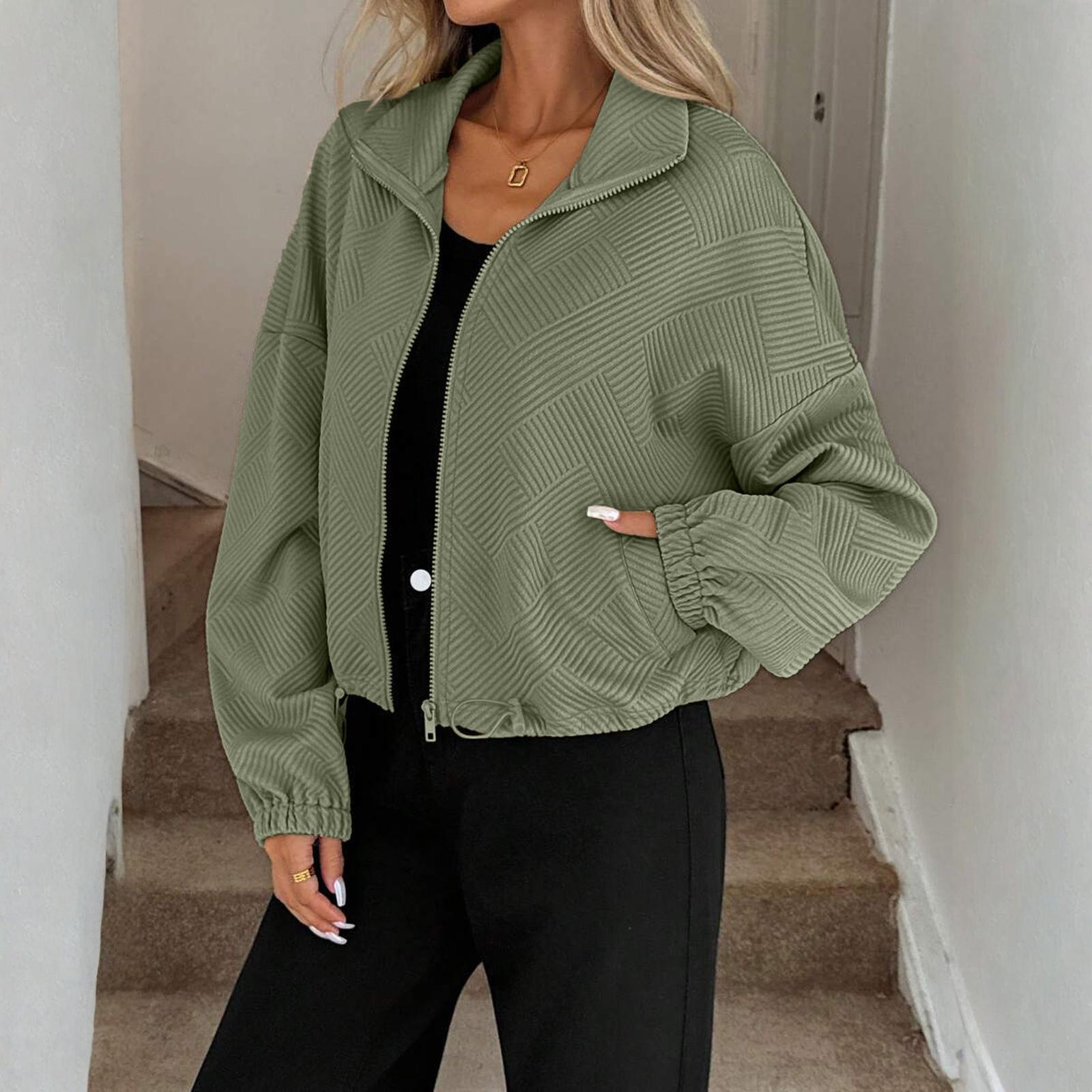 

Women s Fashionable Solid Color Long Sleeved High Neck Zipper Hem Drawstring Pocket Loose Baseball Jacket L армия зеленый
