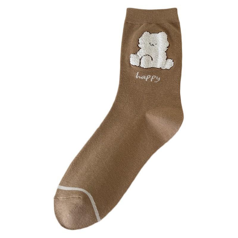 Socks Coffee Color Cute Bear Medium Tube Socks Season College Style Pure Cotton Bow Stacking Socks Women