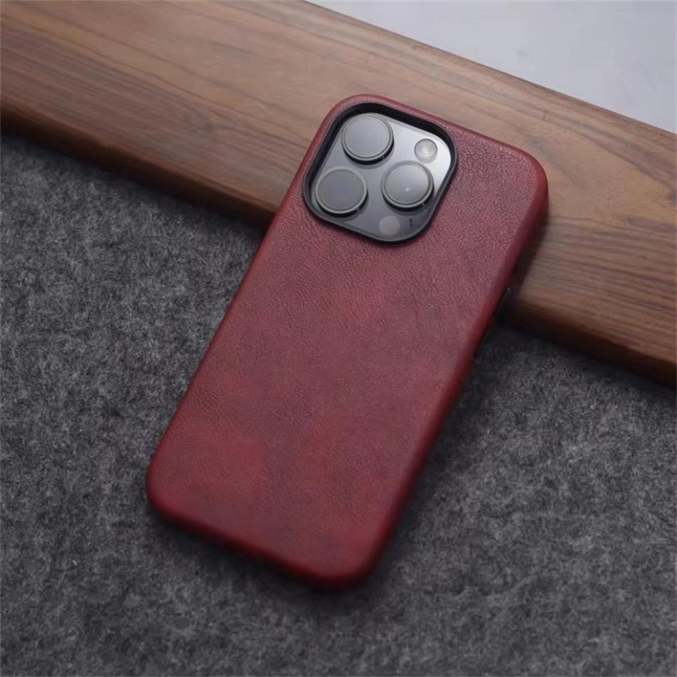 Retro Crazy Horse Leather MagSafe Phone Case For iPhone 16 Pro 15 14 13 12 17 Pro Max Simple Leather Texture Magnetic Phone Case