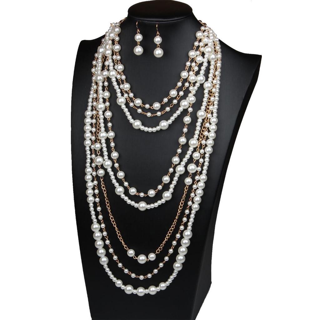 European-American Multi-layer Pearl Necklace & Earrings Set - Women's Long, Elegant Accessories