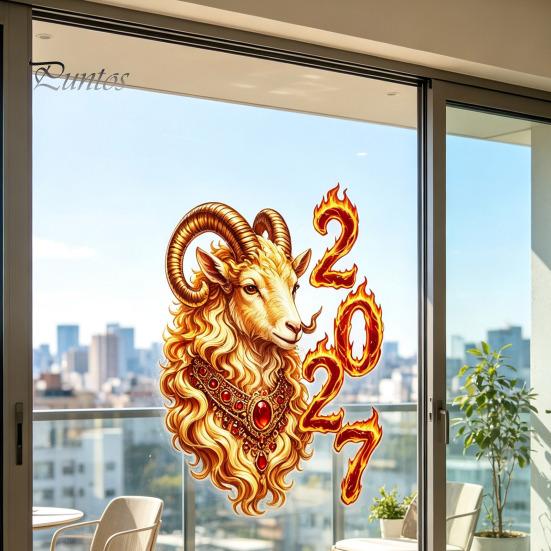 Static Glass Window Cling Chinese New Year Sticker, 2027 Goat Clings, Decorative Decal Reusable Lunar Xmas Decor for Home Shop Decoration Flame Sheep