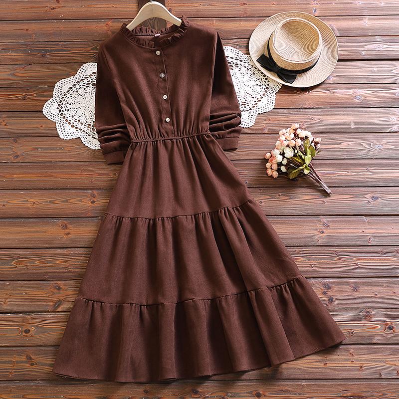 Buy Japanese Mori Girl Spring Autumn Women Corduroy Midi Dress Stand Collar  Wine Red Coffee Tiered Dress Sweet Long-Sleeved Elegant Ruffles Dress at  affordable prices  free shipping, real reviews with photos