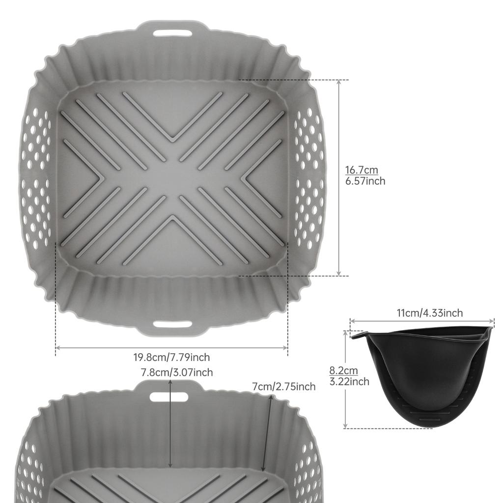 2pcs Gray Silicone Perforated Air Fryer Liners Rectangle Bonus Oven Gloves SL401 DZ201 DZ401 DZ550 Double Stack
