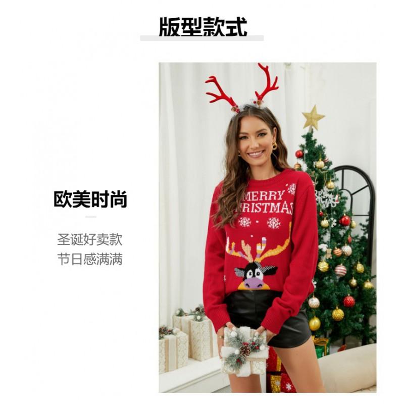 Womens Christmas Knit Sweater With Reindeer Letter Jacquard Round Neck Loose Fit Long Sleeve Pullover