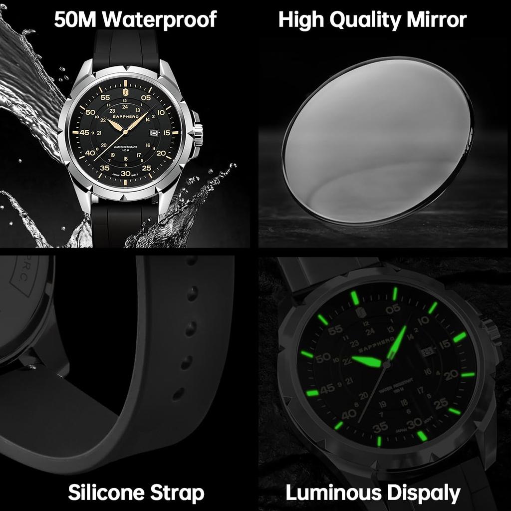 SAPPHERO Men's Analog Watch, 50M Water Resistant, Luminous Hands, Silicone Band, Date Display, Easy to Read, Suitable for Business, Outdoors, and