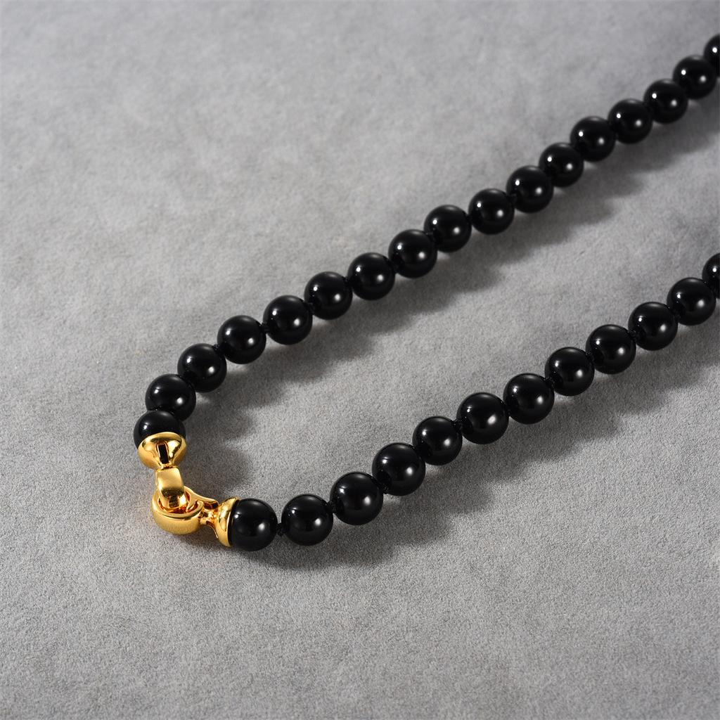 Simple Black Agate Stone Necklace Copper Plated 18K Real Gold Light Luxury Premium Retro Round Bead Collarbone Chain Female