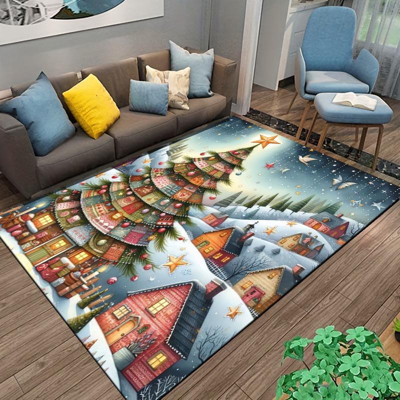 "Christmas Tree Carpet with Festive Houses and Snowy Scenery Design" Suitable for Use As an Anti-slip for Living Room Bedroom Sofas