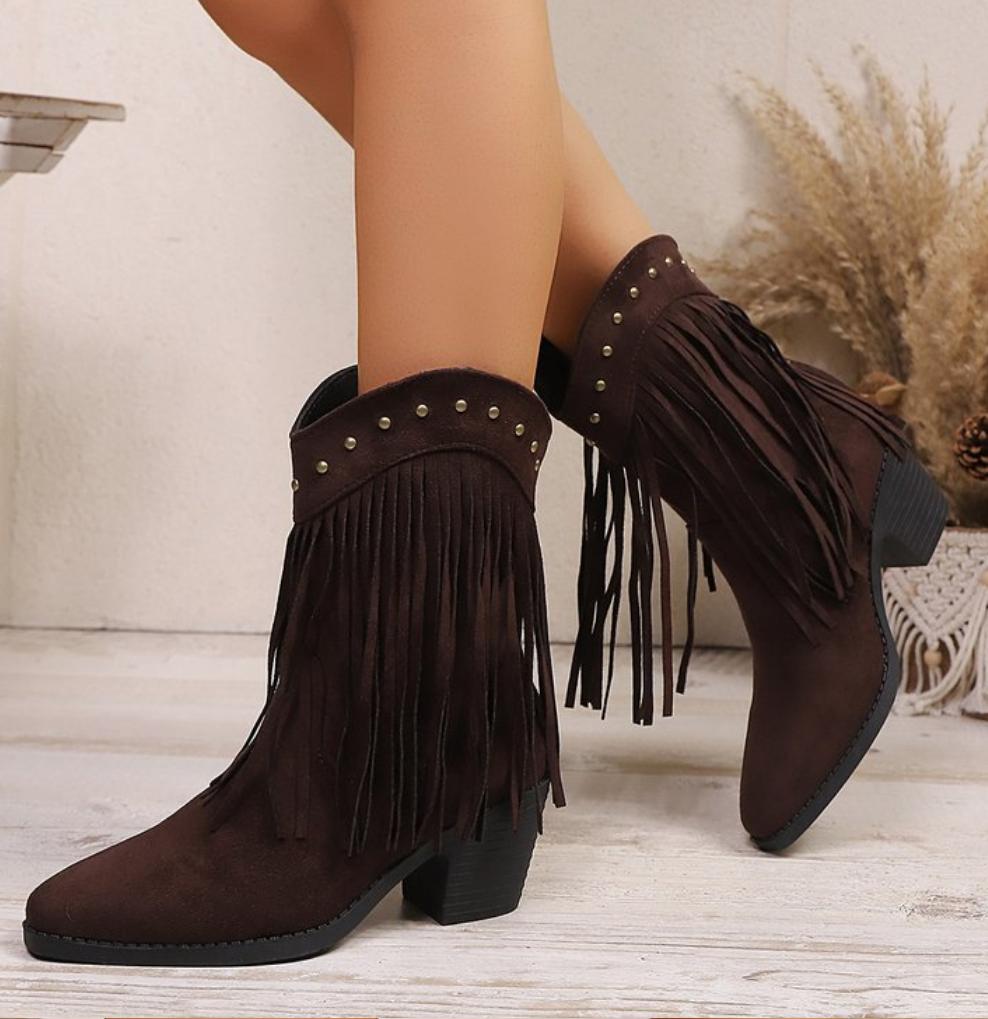 Autumn Winter Pointed Toe Thick Heel Ankle Boots Ladies Tassel Western Boots Retro Rivet  Cowboy Fashion Womens Esigner Shoes