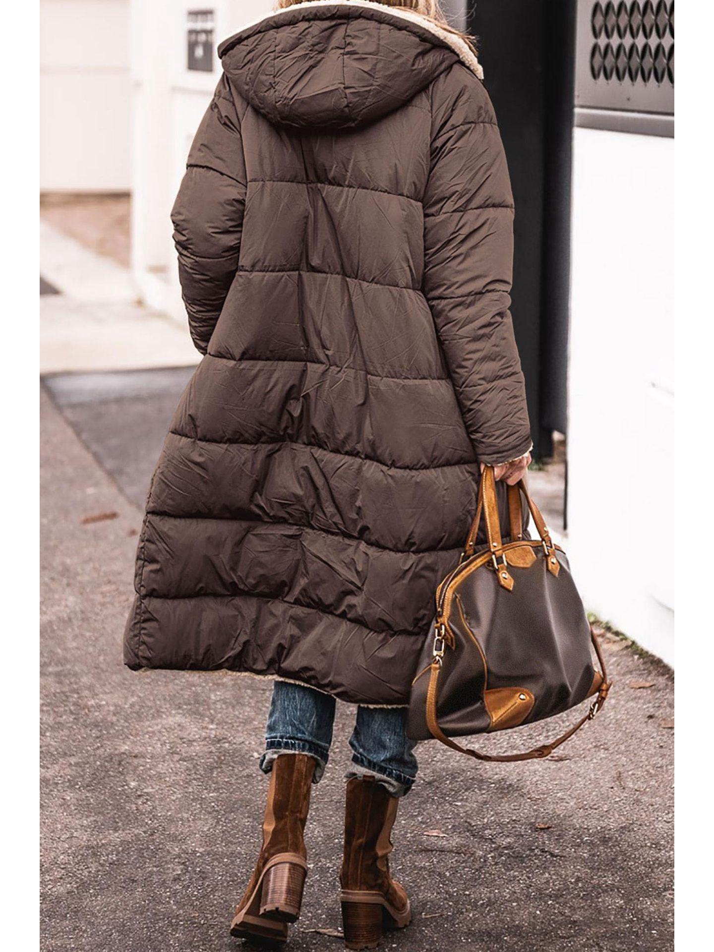 

Женское однотонное хлопковое пальто с капюшоном, с длинным рукавом, приталенного кроя, куртка-кардиган для двусторонней носки XL кофейный