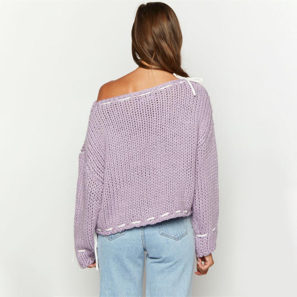 Maglione da Donna Girocollo Manica Lunga Lavorato a Maglia Top Monocolore Allacciatura Fiocco Vestibilità Comoda Vestibilità Maglieria Elastica