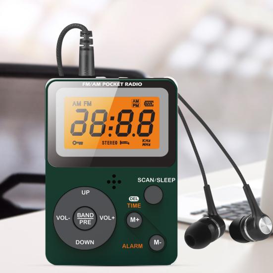 מקלט רדיו נייד שעון מעורר מסך LCD כפול סטריאו צליל עם אוזניות רדיו AM FM בגודל כיס