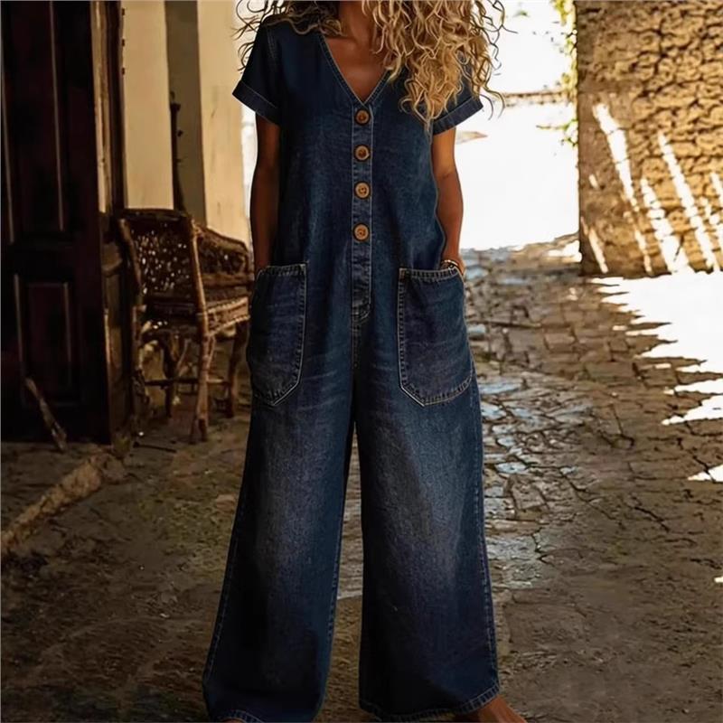 26Y2 Neue Damen Vintage Sommer Knopf Tasche Bequem Kurzarm Lässig Einteiler Weiter Bein Latzhose Kleid