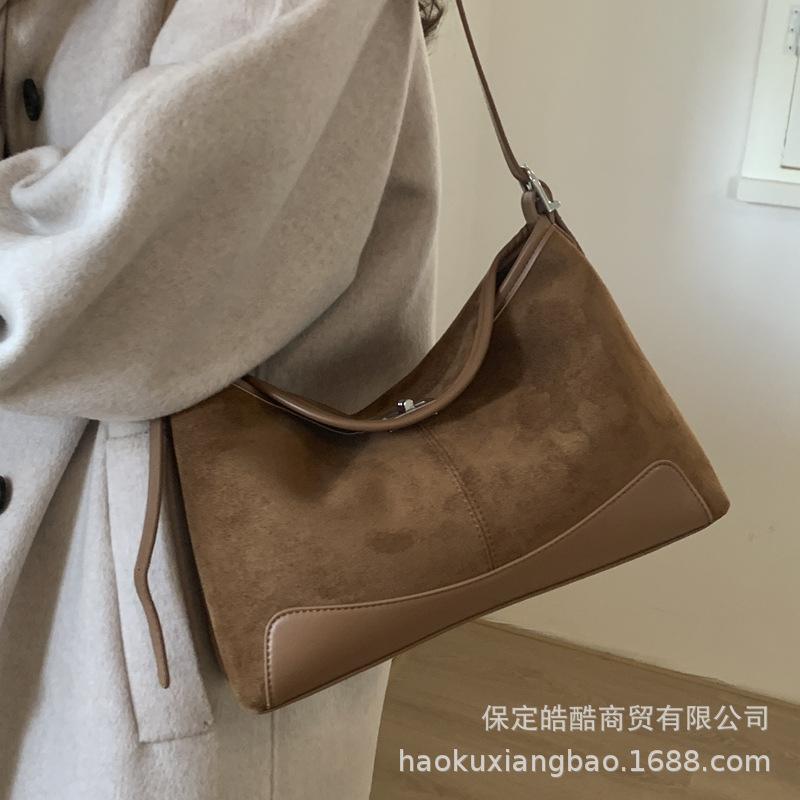 2025 New Niche Retro Suede Splicing Tote Bag Women's Large-capacity Commuter Bag Simple and Versatile Shoulder Bag