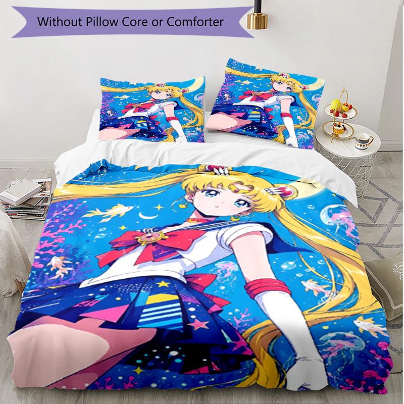 3-teiliges Bettbezug-Set (1 * Bettbezug + 2 * Kissenbezug, ohne Kern), Sailor Moon Druck Weiches Ganzjahres-Bettwäscheset, Heim-Schlafzimmer-Dekoration Geschenk