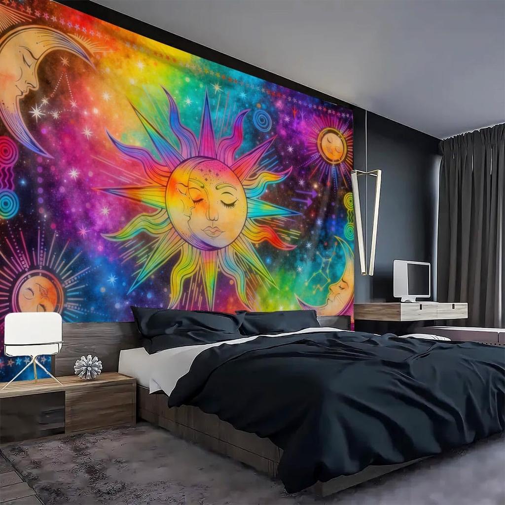 Hippe Boho Sun And Moon Tapestry, Trippy Colorful Tapestries Mystic Aesthetic Burning Sun Moon Wall Hanging Blanket For Bedroom