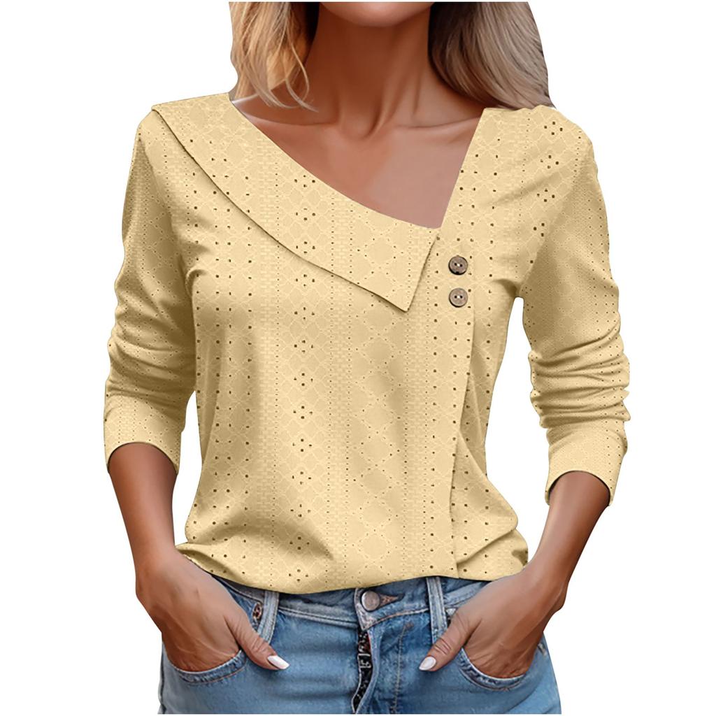 Women's Fashion V-Neck Button-Up Long-Sleeve T-Shirt Casual Solid-Color Top