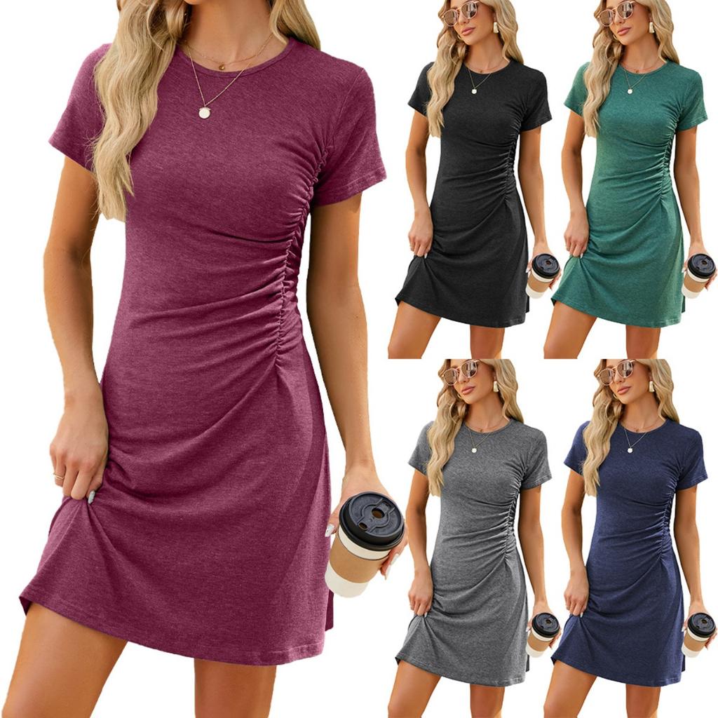 Summer New Solid Color Crew Neck Ruched Slim Fit Short Sleeve Dress for Leisure Leisure New style