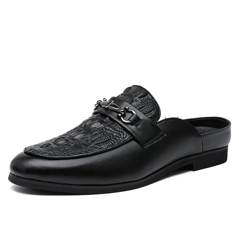 Fashion Men Leather Fashion Half Slipper Summer Men Loafers Flats Slippers for Outdoor Walking Shoes Male Shoes All-match Muller Shoes