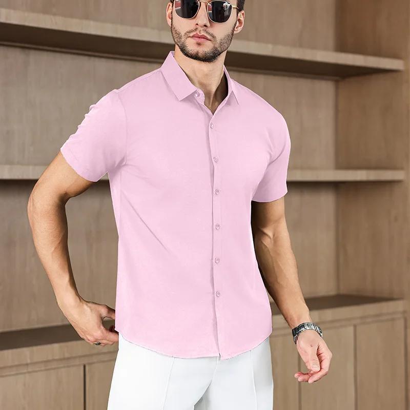 Men's Business Casual Solid Color Short Sleeved Shirt for Summer Fashion No Ironing Comfortable and Versatile Top