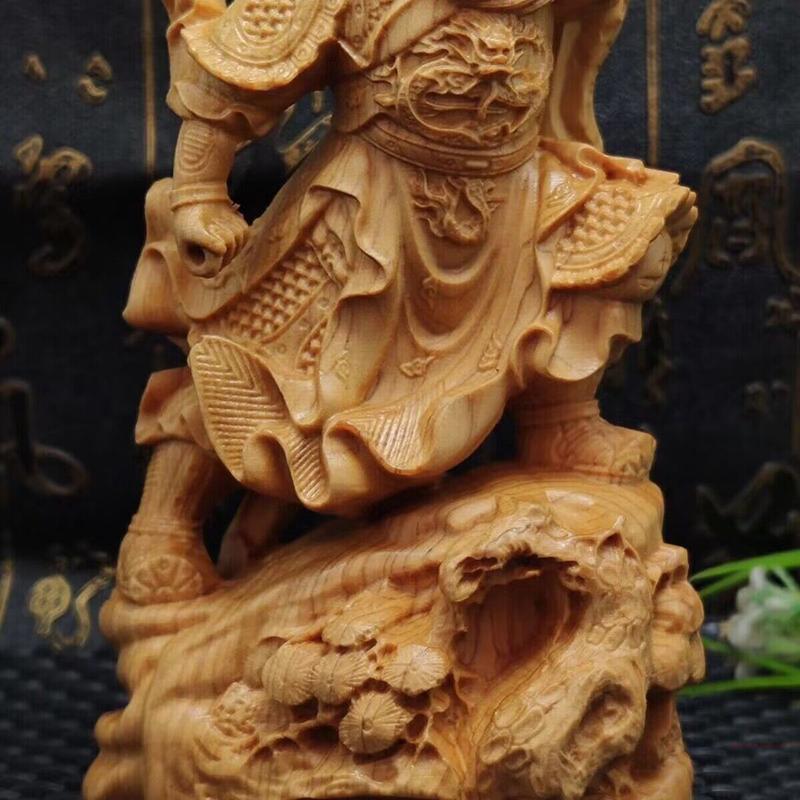 Natural Cypress  Guan Gong sculptures figurines Solid wood carving Home Room OfficeWealth Luck Feng Shui Decor Portrait Statue