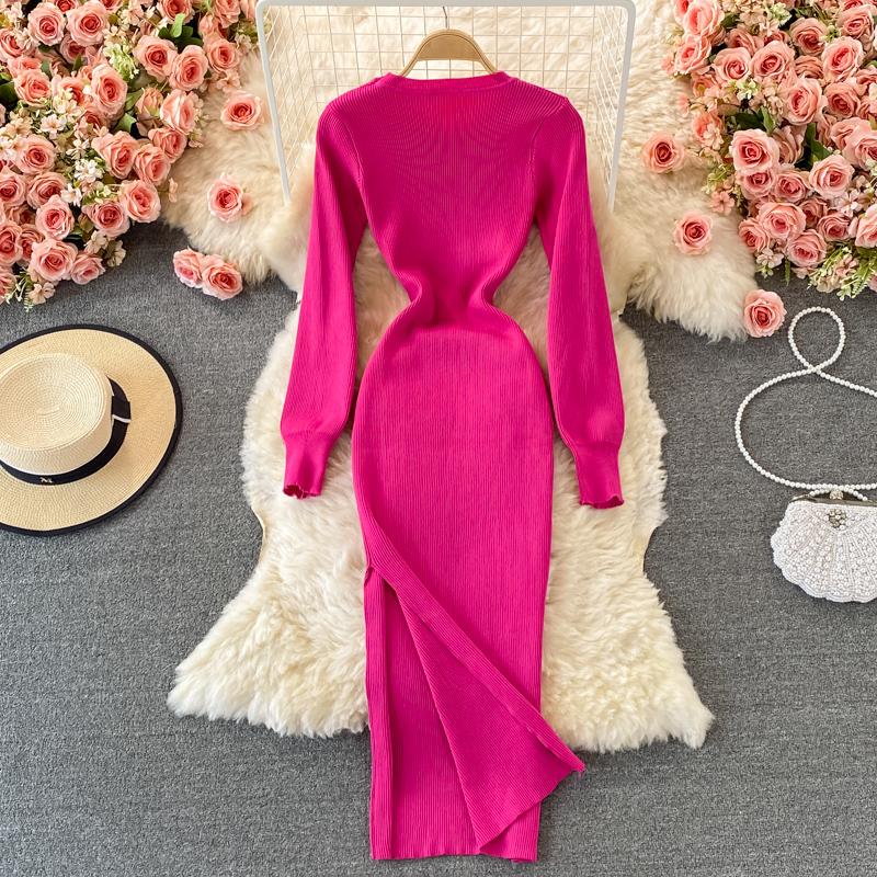 RUGOD Sexy Round Neck Knitted Slit Dress Women's New Autumn and Winter Bottoming Tight Elastic Wrap Hip Sweater Dress