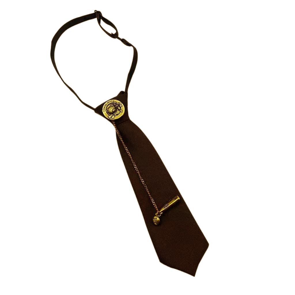 Japanese Vintage Necktie with Metal Bear Pin Chain Student Uniform Adjustable Pre Tied Neck Tie Shirt Collar Neckwear