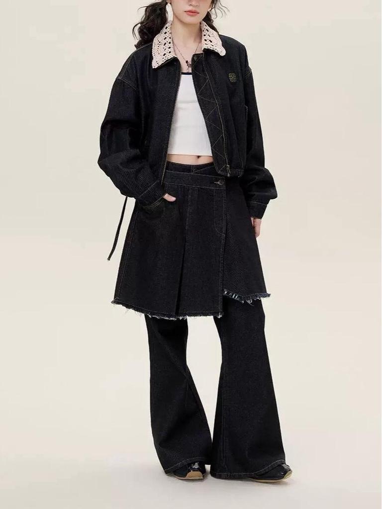 In Stock: Romantic Lace Denim Jacket with Detachable Knit Collar and Bud Hem - Girlish Style for Autumn