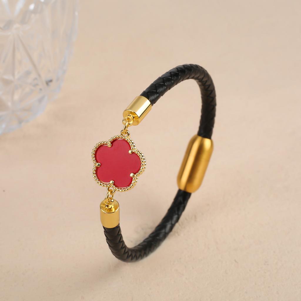 Simple Five-Leaf Flower Leather Braided Bracelet Natural Stones Clover Stainless Steel Bangle For Women Party Daily Wear Jewelry