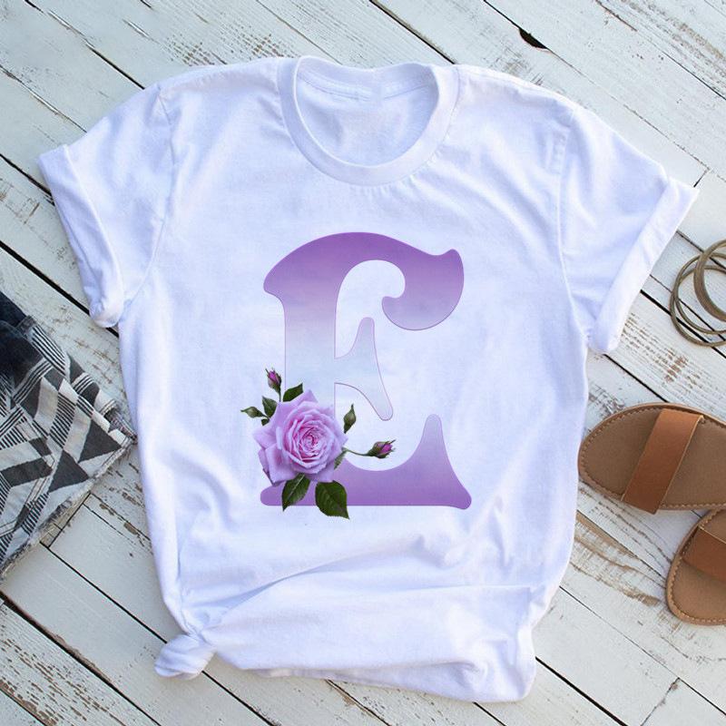 New English Name Rose Monogram Printed Tshirt Flower Short Sleeve Top Tshirt Women Clothing Graphic T Shirts Tops Aesthetic