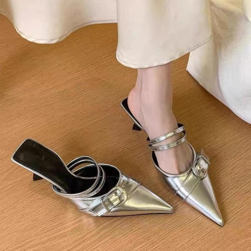 Muse pointed half slippers women wear summer new belt buckle bag head cool slippers high heels women