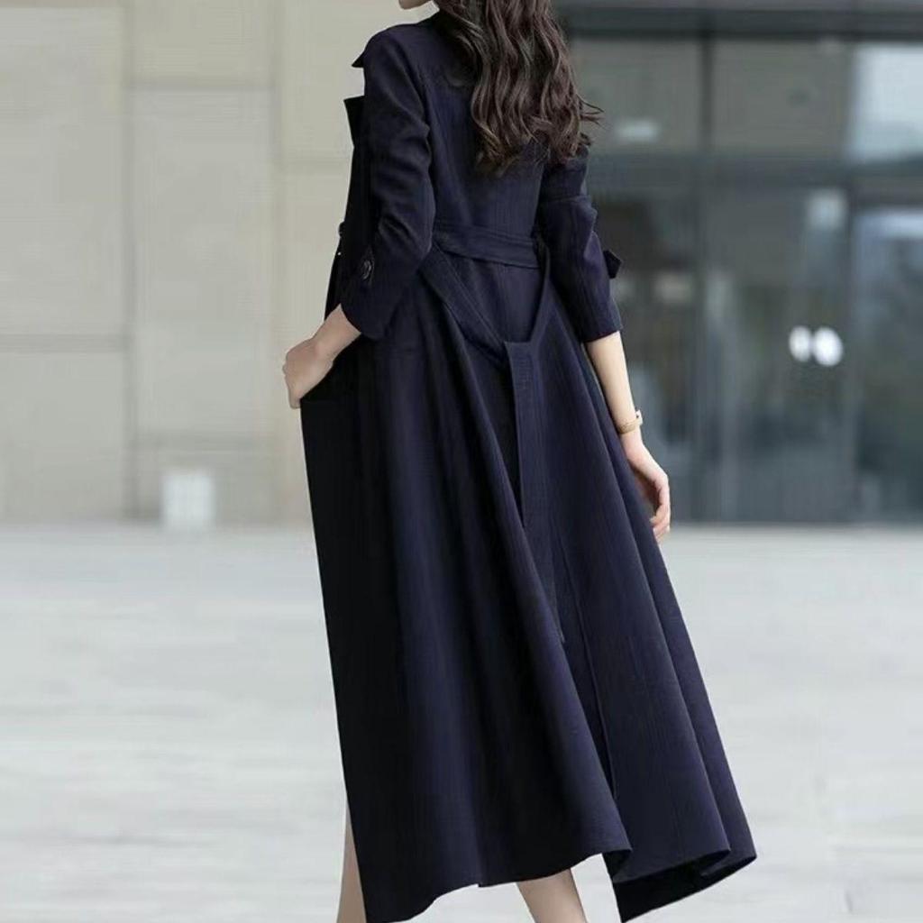 2025 Women's British Style Black Trench Coat - Elegant, Long, Over-the-Knee Spring/Autumn Fashion