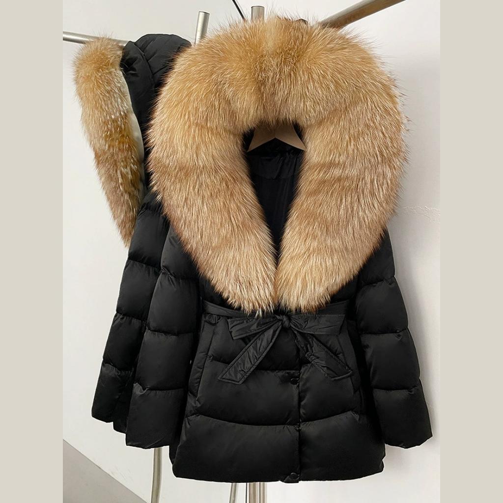 Winter Fox Big Fur Collar High-end Thickened Down Jacket Women's Mid-length Waist Imitation Leather Jacket