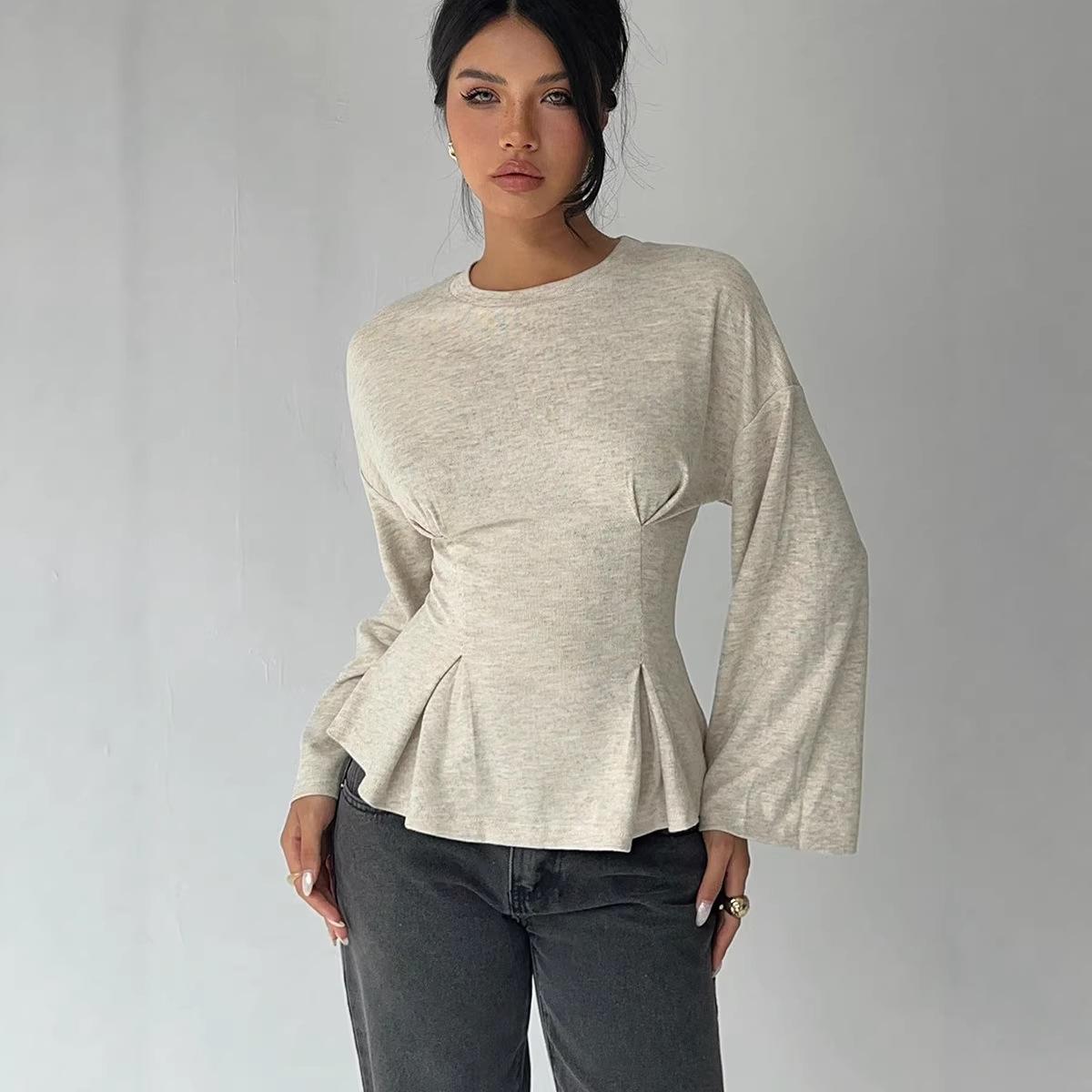 women s Apricot Peplum Long Sleeve Top Round Neck Cinched Waist Flare Blouse Casual Shirt S абрикосовый