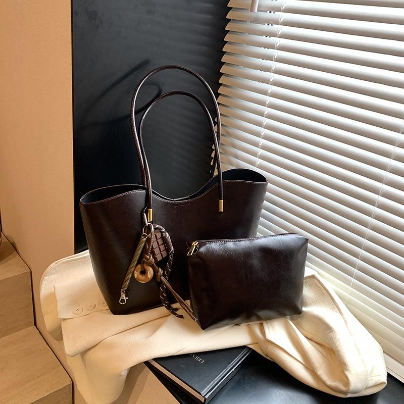 Bright PU Leather Big Tote Bag Set For Women 2-IN-1 Solid Color Shoulder Bags With Pendant Vintage Large Capacity Shopper Totes