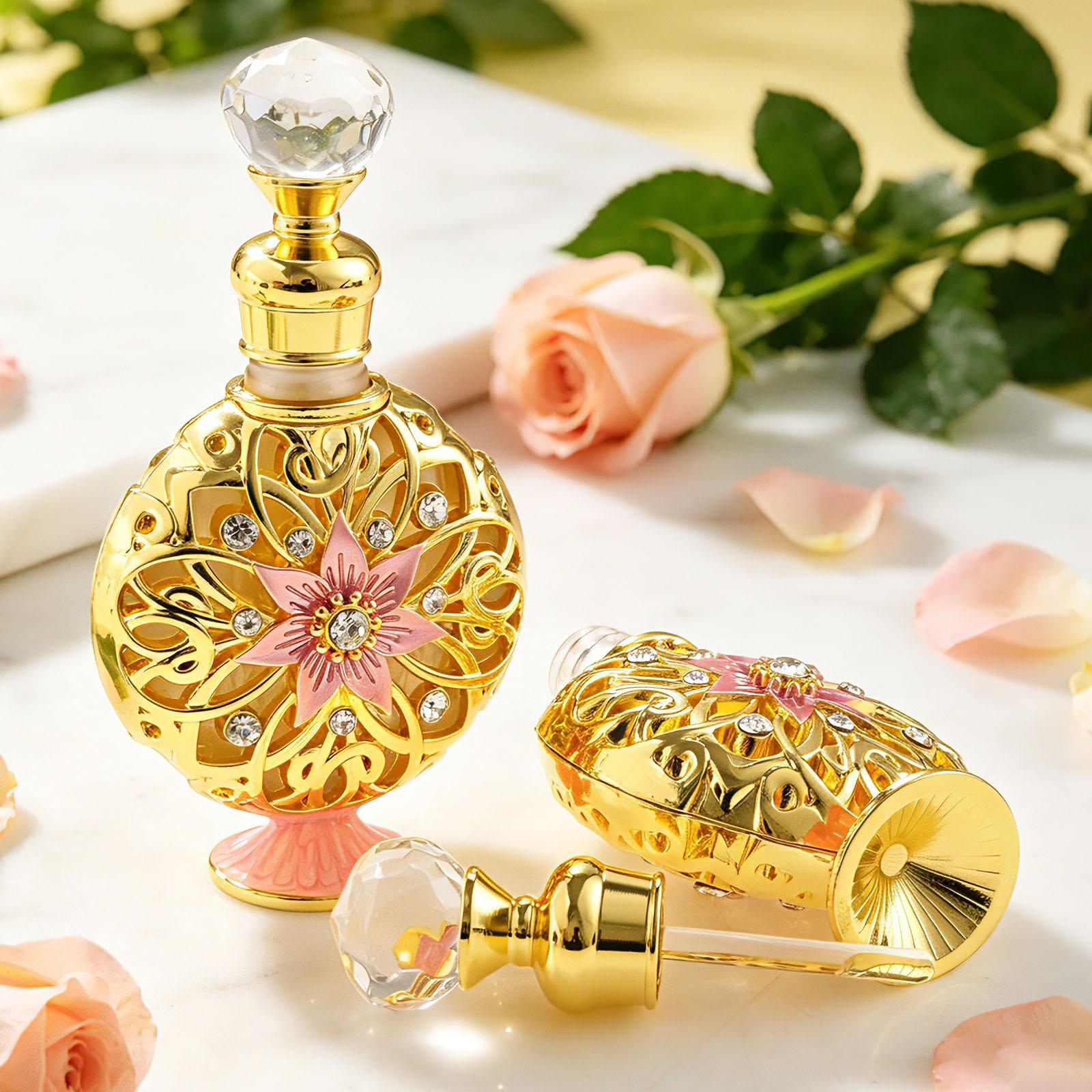 

2pcs Retro Luxury Decor Glass Bottle Crystal Lid Gilding Hollow-out Star Dresser Ornament Vanity Table Display Refilling Perfume