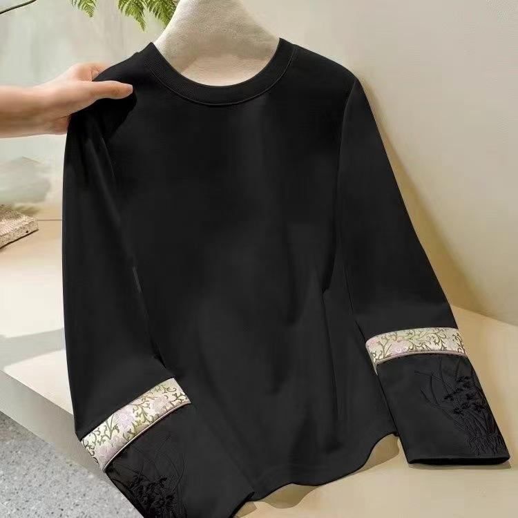 

Women Chinese-Style Embroidered Patchwork Sleeve T-Shirt Spring/Fall Long-Sleeve Pullover Tops 3XL чорний