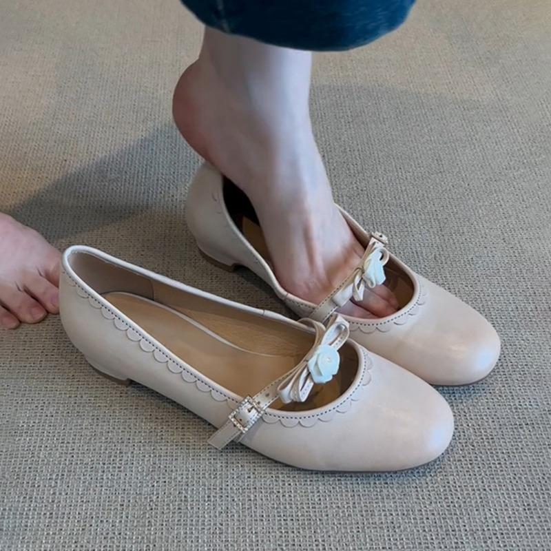 Sheepskin~ Retro leather shoes round head single shoes women's word with bow flower shallow mouth Mary Jane shoes